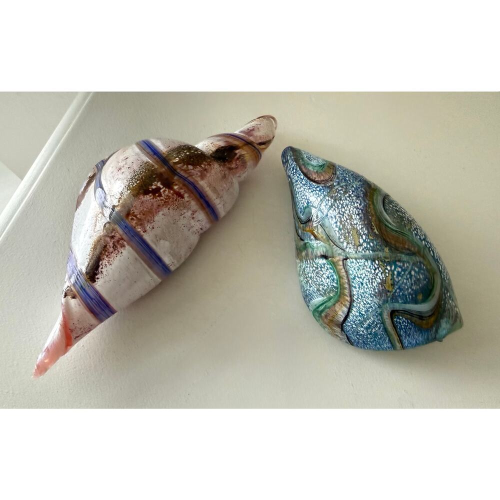 Hand Blown Glass | Set of 2 Conch Figurines Seashells Glass Artwork | Coastal